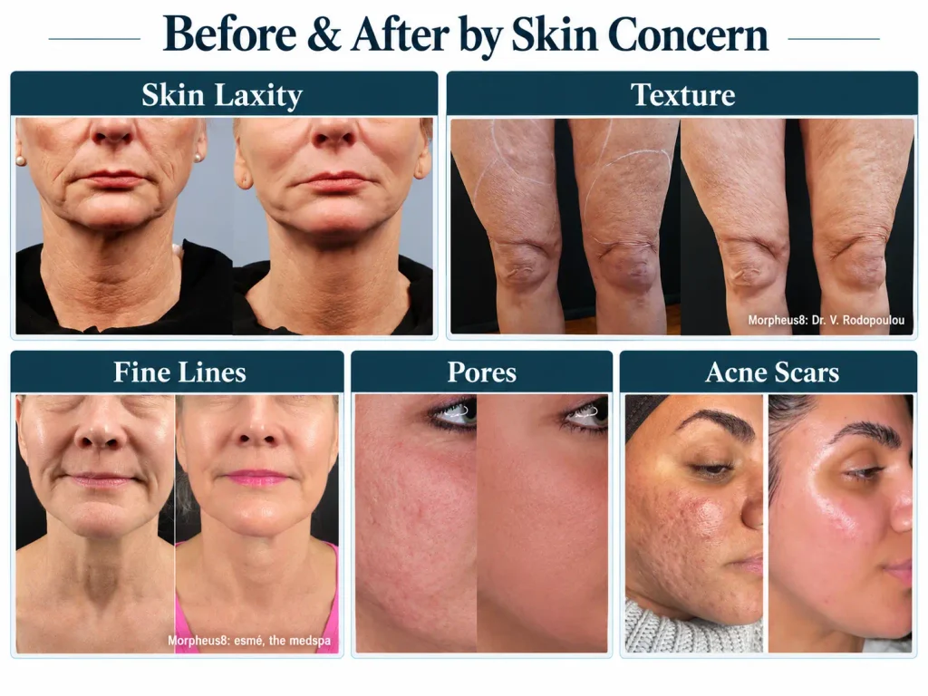 Morpheus8 before-and-after photo comparisons showing skin laxity, texture, fine lines, visible pores and acne scars